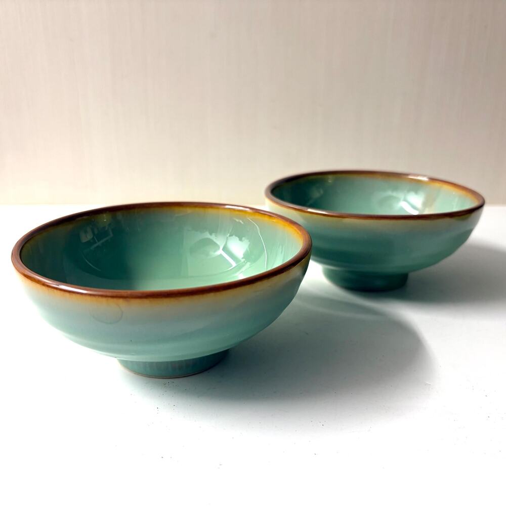 A Pair Kotobuki Bowls Japanese Celedon Green Glaze Stoneware
